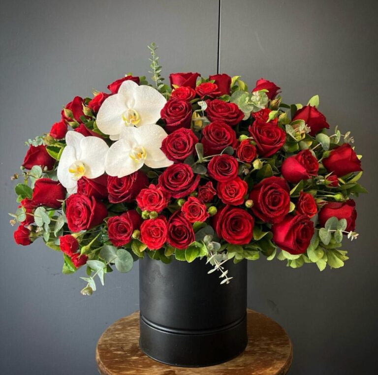 باکس گل رز قرمز و ارکیده سفید