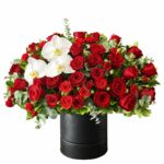 باکس گل رز قرمز و ارکیده سفید