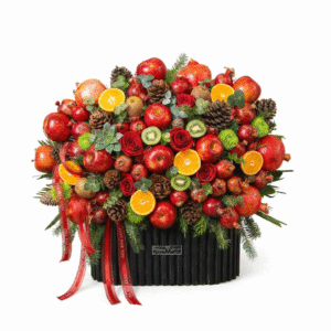 سبد گل و میوه لوکس با گل رز قرمز و میوه های تازه