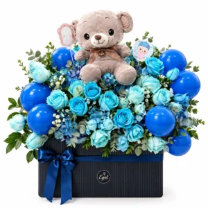 خرید گل و عروسک باکس گل آبی با عروسک خرسی